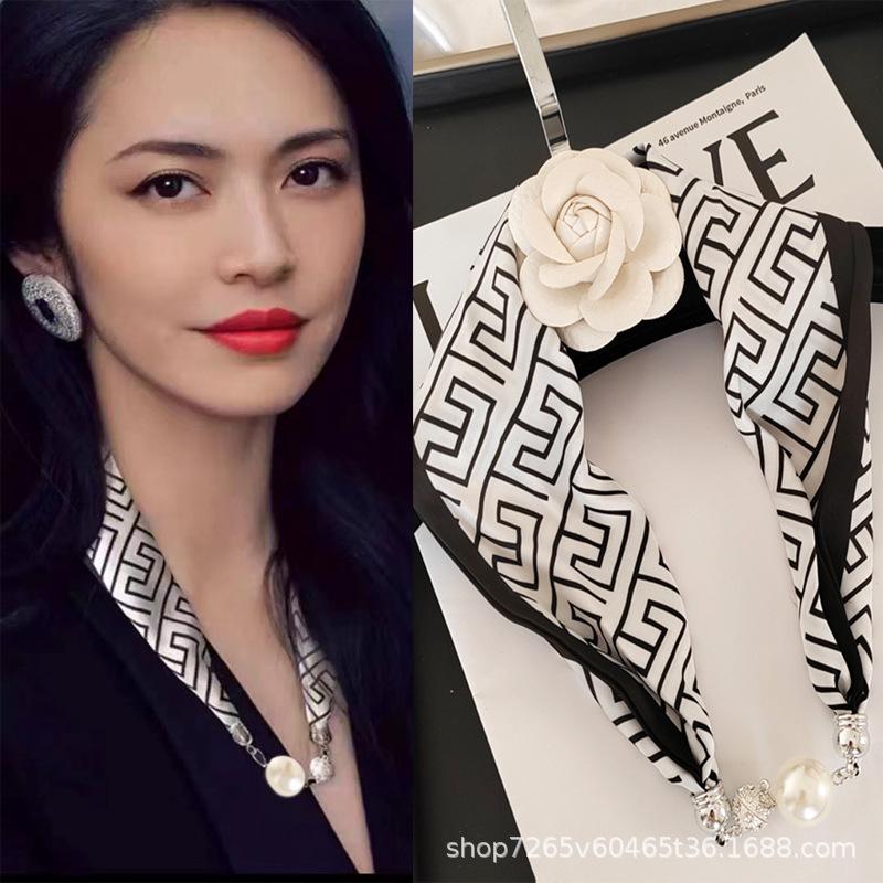 New Luxury Design Magnetic Pearls Button Silk Scarf Women Summer Neck Ornament Silk Scarves Lady Shirt Sunscreen Decoration Gift