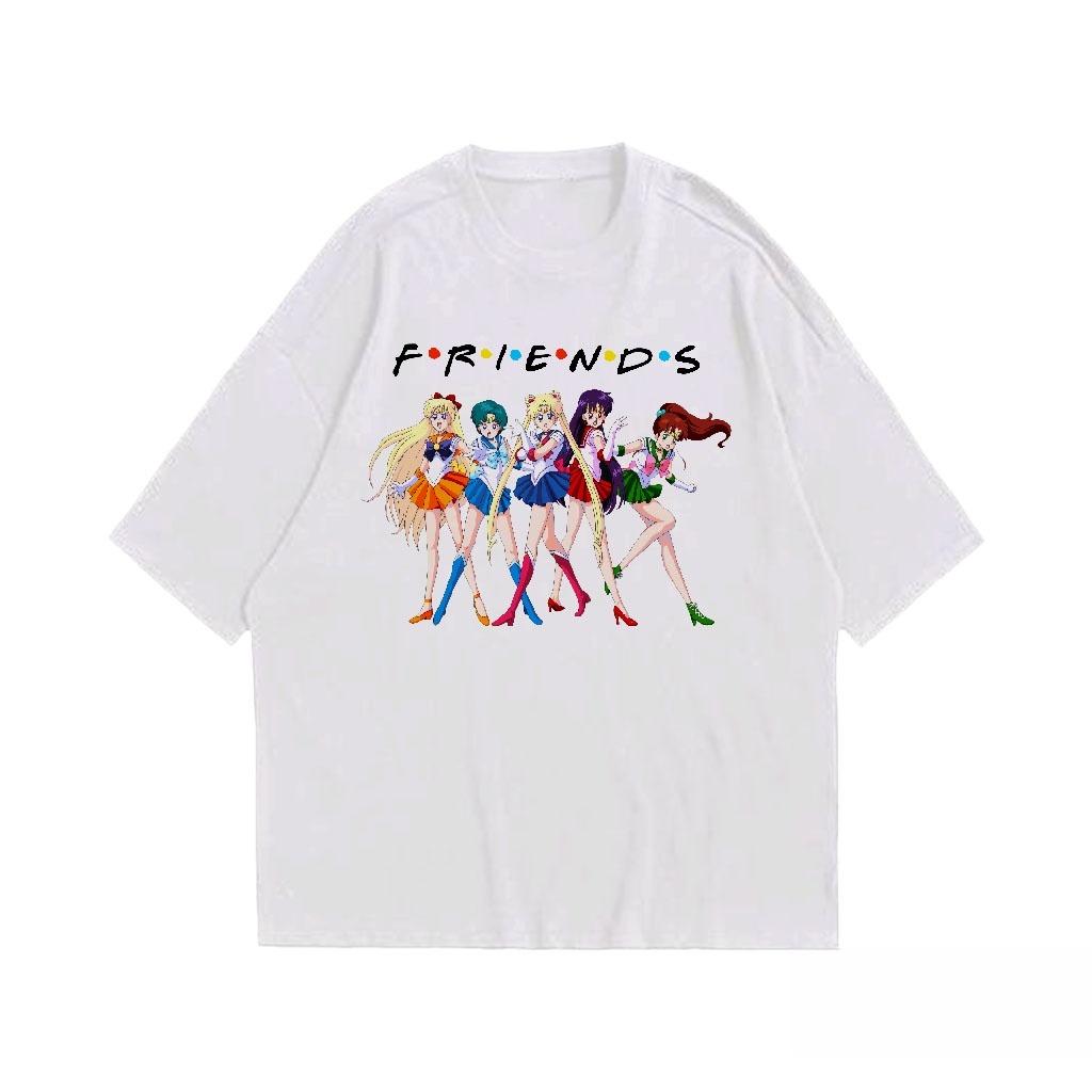 Japanese Anime Sailor Moon Friends Oversized Men's T-shirt Summer New Retro Men's and Women's Streetwear