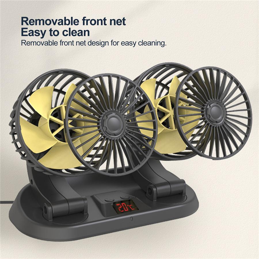 360 Degree Rotation Dual Head Vehicle Car Cooling Fan 12V Real-time Temperature