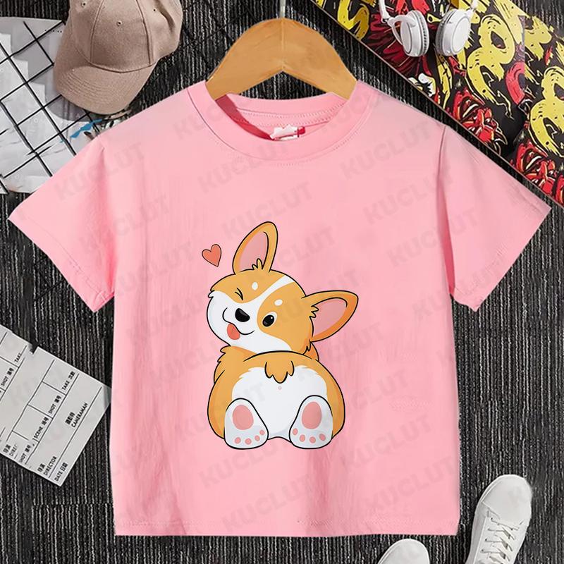 Sommer Kinder Top Corgi Print Kinder Kurzarm T-Shirt Mädchen Geburtstags T-Shirts Jungen Kleidung Lässiges O-Ausschnitt Shirt für Kind