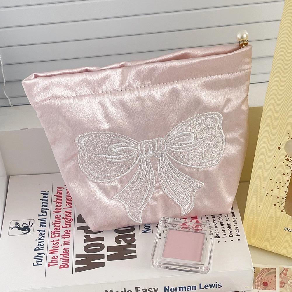 Cute Pink Bow Makeup Bag Pearl Zipper Handbag Toiletry Storage Pouch Bow Embroidery Cosmetic Bag Travel