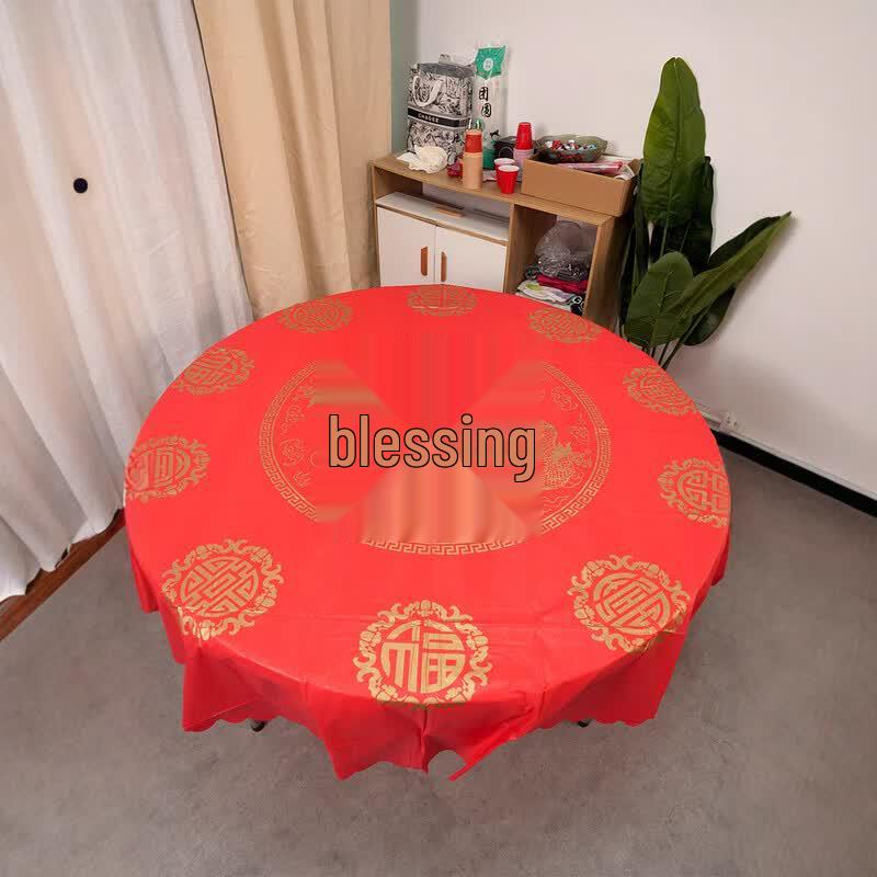 Disposable Red PEVA Round Tablecloth with Blessing Characters