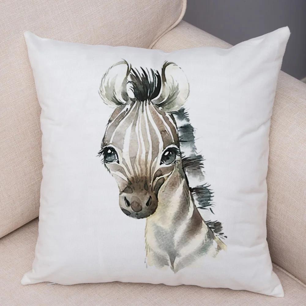 Watercolor Cute Animal Cushion Cover Sofa Home Decor Zebra Giraffe Hippo Monkey Lion Fox