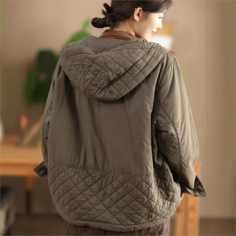 Johnature Women Vintage Hooded Jackets Zipper Solid Color Winter NPatchwork Pockets Casual Warm Jackets Coat