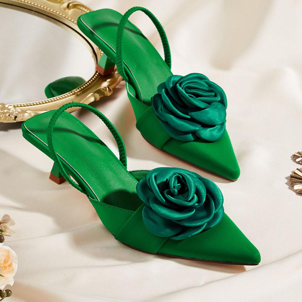 Flower Pointed Toe High Heels Women Pump Sandals Silk Kitten Heels Elegant Office Lady Sexy Party Sandals Big Size 43
