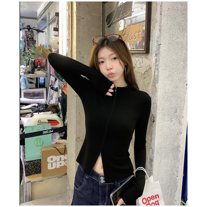 Women s Trendy Stand-Collar Zip Cardigan T-Shirt, 2025 Spring Design, Waist-Cinching, Slimming, Short Fit S чёрный