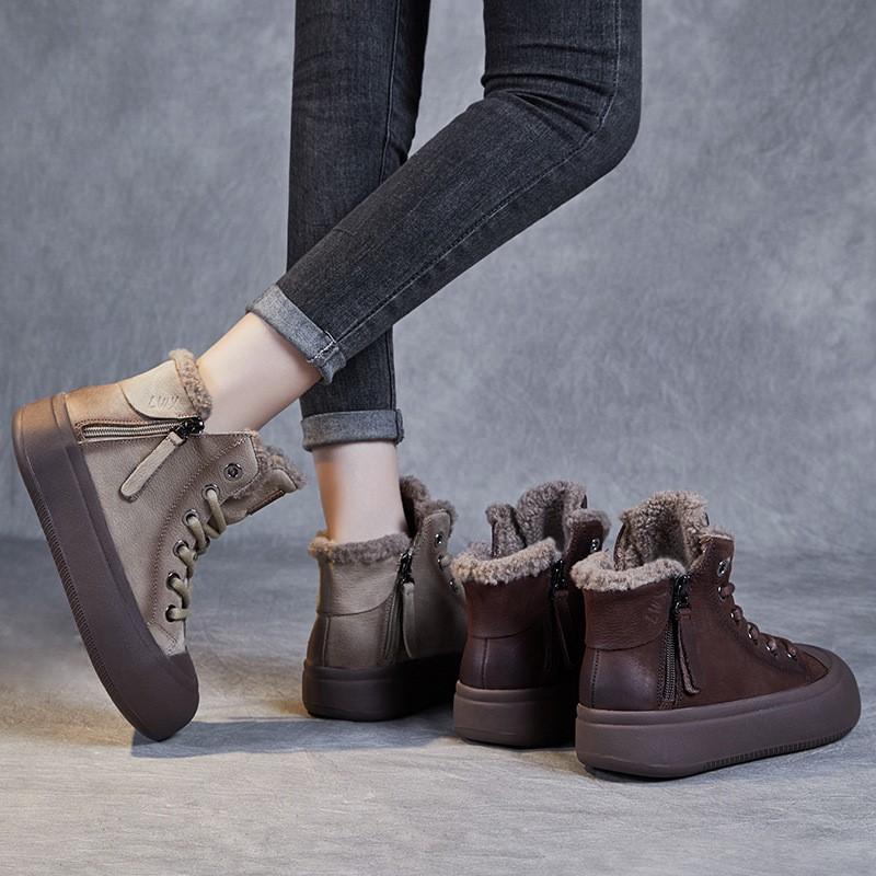 Johnature Retro Plüsch Warme Kurze Stiefel Echtes Leder Doppelreißverschluss Dickbesohlte Damenschuhe