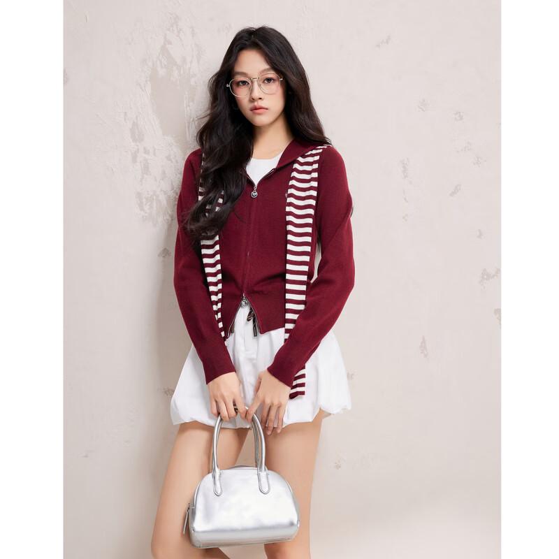 

Women s Faux Two-Piece Hooded Zipper Knit Cardigan M