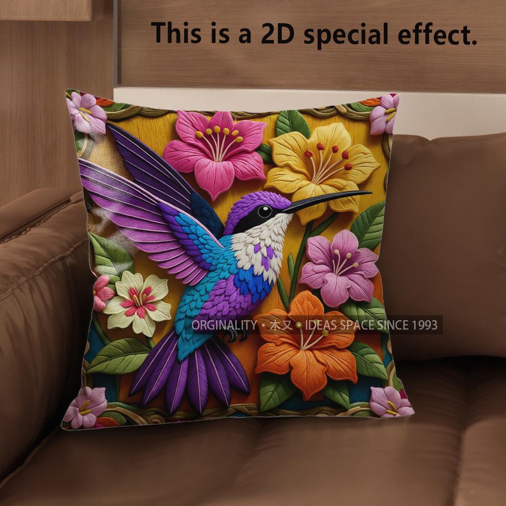 2D Hummingbird Floral Print Decorative Pillow Covers Pattern Cushion Cover Suitable For Sofa Bedroom Car Pillow Cover