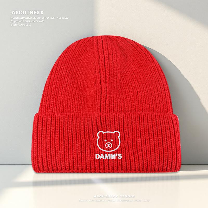 Autumn and Winter Warm Woolen Hat for Women Cute Letter Bear Embroidered Knitted Hat Student Couple Pullover Cold Hat