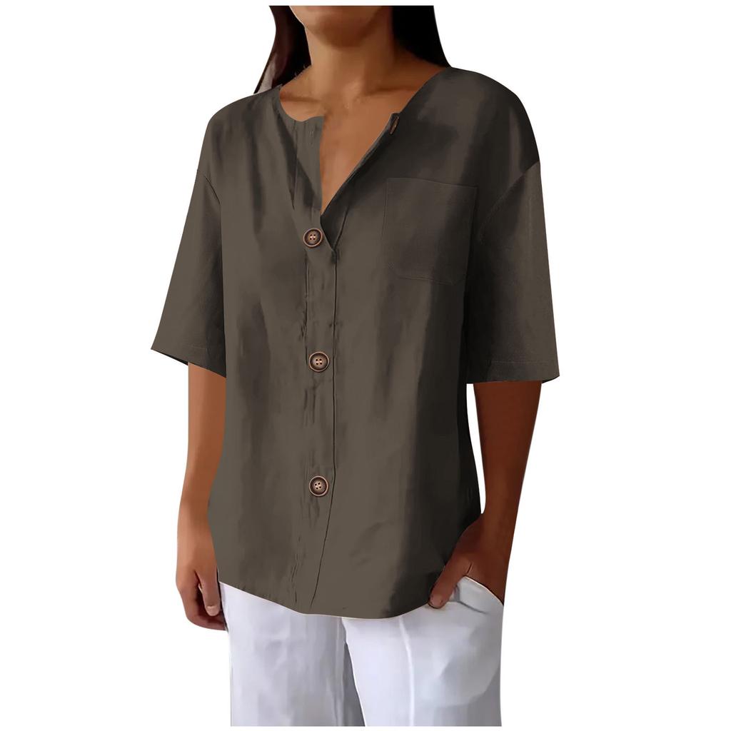 Summer Loose T-shirt Women's V-neck Cotton and Linen Button Top