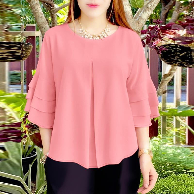 

ZANZEA Женская повседневная блузка с круглым вырезом, оборками и рукавами 3/4, свободного кроя S