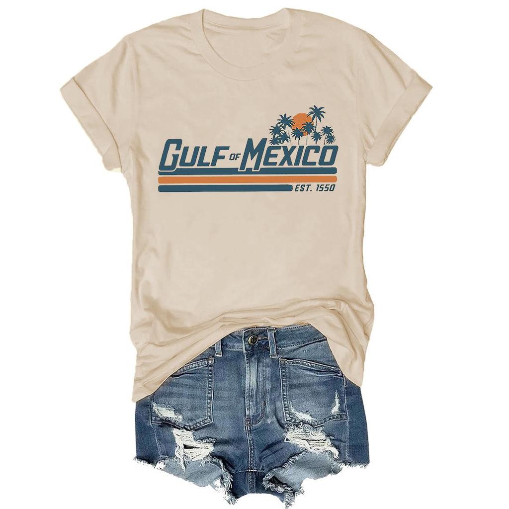 Women's French Round Neck Summer Beach Pattern T-Shirt