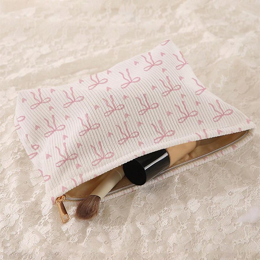 Minimally Designed Pink Bow Pattern Printed Corduroy Zipper Makeup Bag, Lightweight and Multifunctional Cosmetic Storage Bag