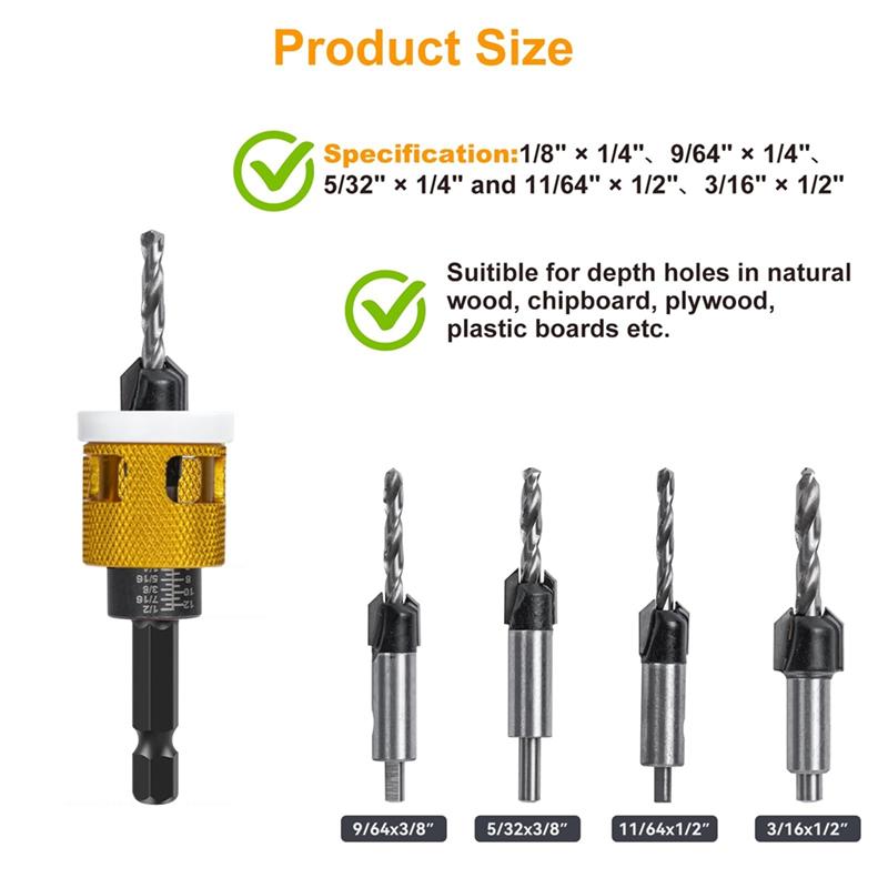 ABUL-5Pcs Countersink Drill Bits Set With Low Friction Depth Stop, With 10Pcs Replacement HSS Drill Bit,Adjustable Depth Stop