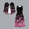Oversized Female Two Piece Set Floral Sling Dress With Hollow Out Knit Outer Coat