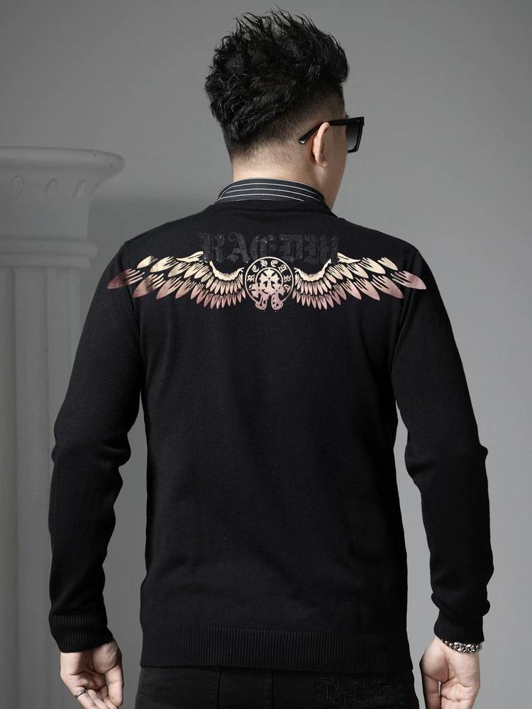 

European-Style Round-Neck Sweater for Men, Faux Two-Piece, 2025 New Autumn and Winter Trendy Brand, Gold-Stamped, Warm Knit Base Shirt for Men 3XL темно-серого