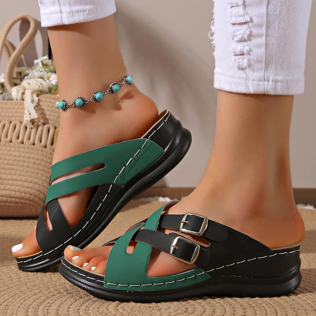 Color matching slope heel thick bottom cool slippers summer new open-toed European and American large size one-word beach slippers