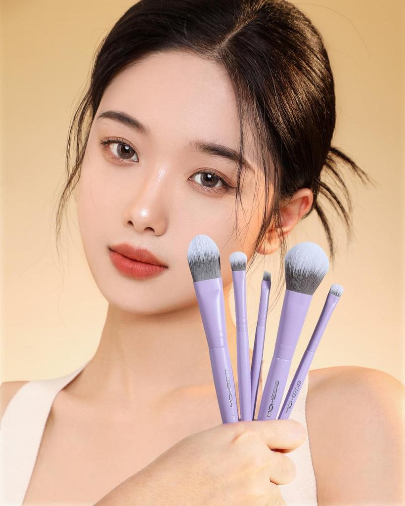 EIGSHOW Makeup Brush Professional Silver Ion Super Soft Fiber for Everyday with Portable Case 5-Piece Set, Grade, Treatment, Wool, Makeup, (Purple)