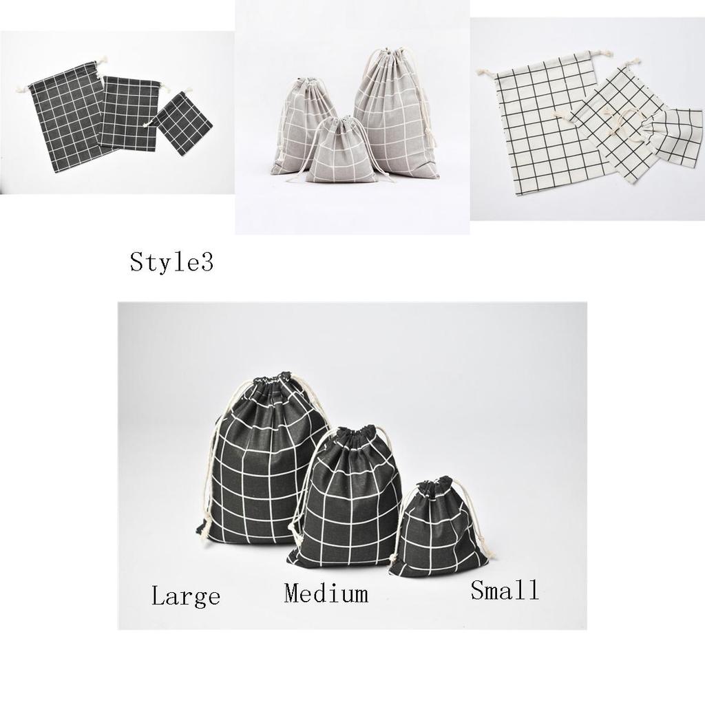 Cotton Linen Grid Storage Bag With Drawstring For Travel And Home Organization