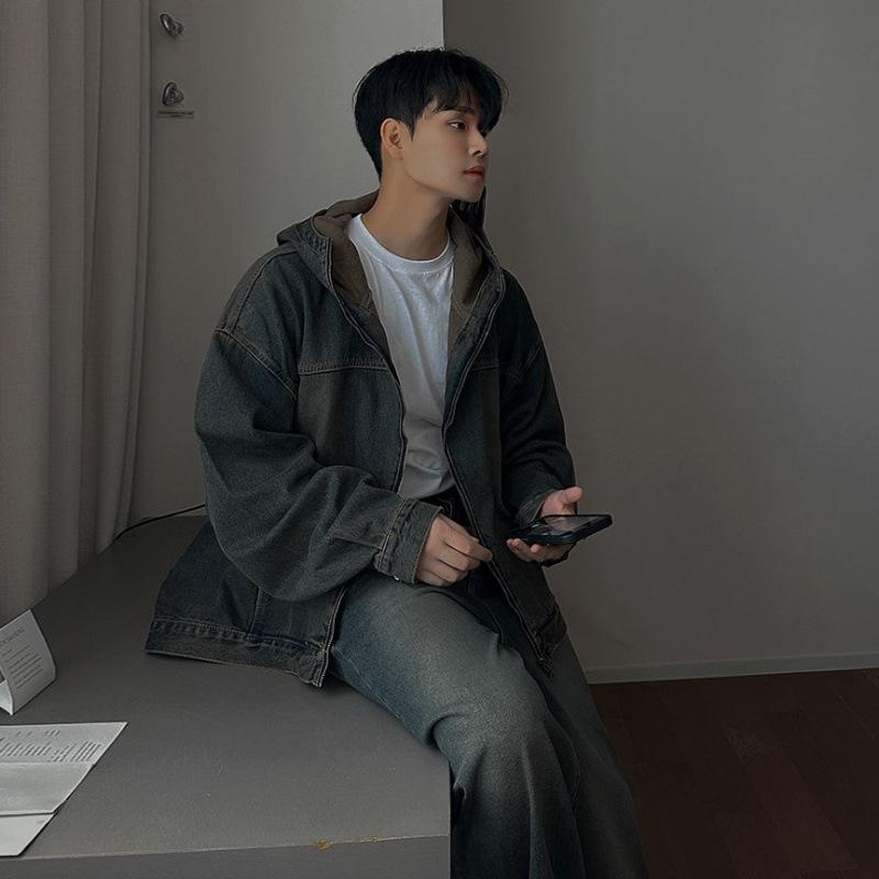 Retro Old Straight Jeans Men's Spring Hooded Denim Jacket Korean Fashion Denim Suit