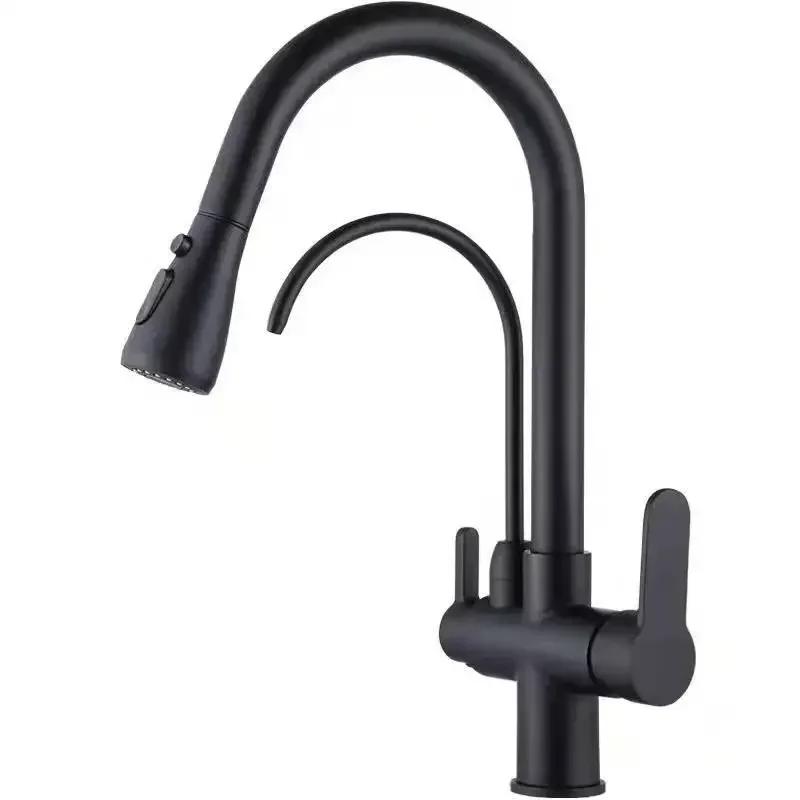 Matte Black Filtered Crane For Kitchen Pull Out Spray 360 Rotation Water Filter Tap Three Ways Sink Mixer Kitchen Faucet