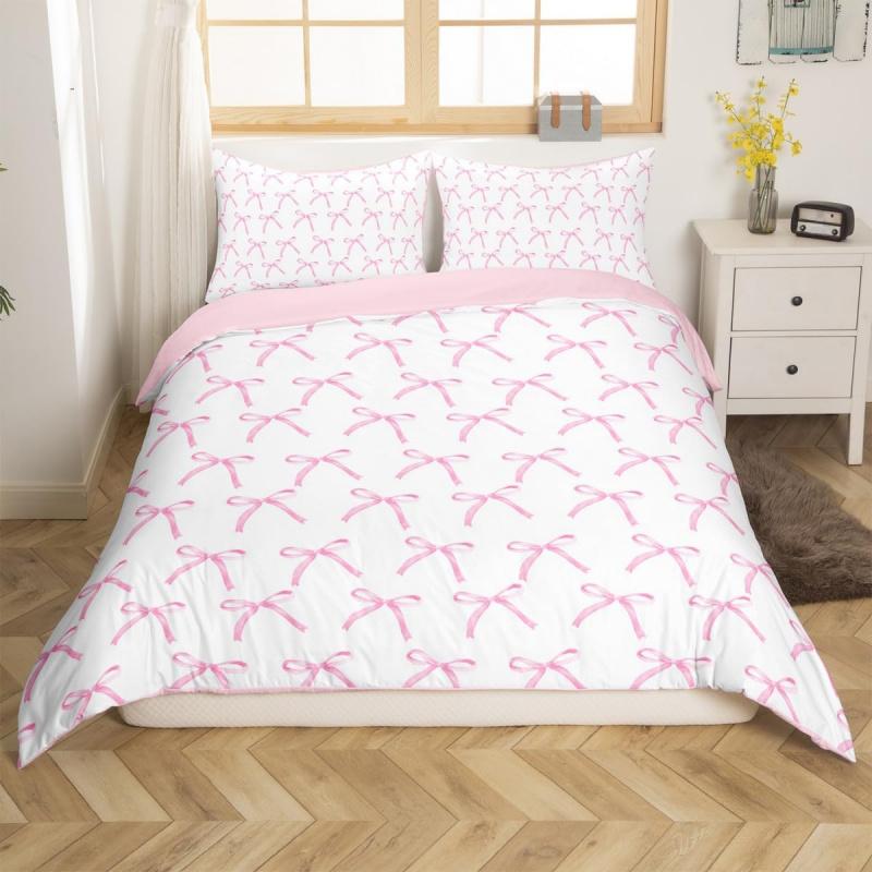 Cartoon pink bow princess bedding set, girls' bedroom decoration pink and white duvet cover, 2 pillowcases