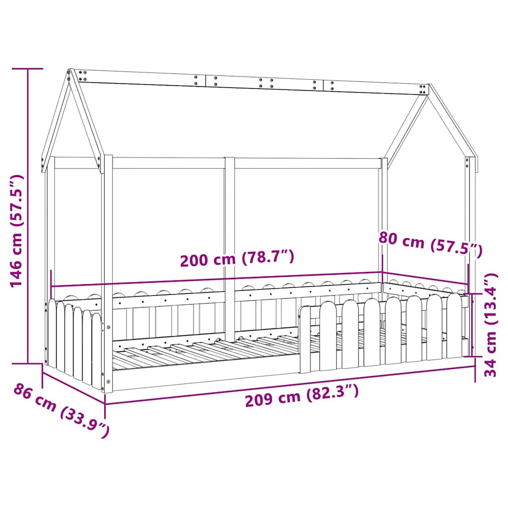 Kids House Bed 80 X 200 Cm Solid Pine Wood
