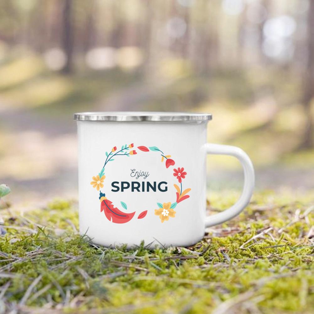 Hello Spring Enamel Camping Mug Appreciation Best Original and Fun Gifts Drink Juice Water Dessert Cocoa Milk Handle Cup