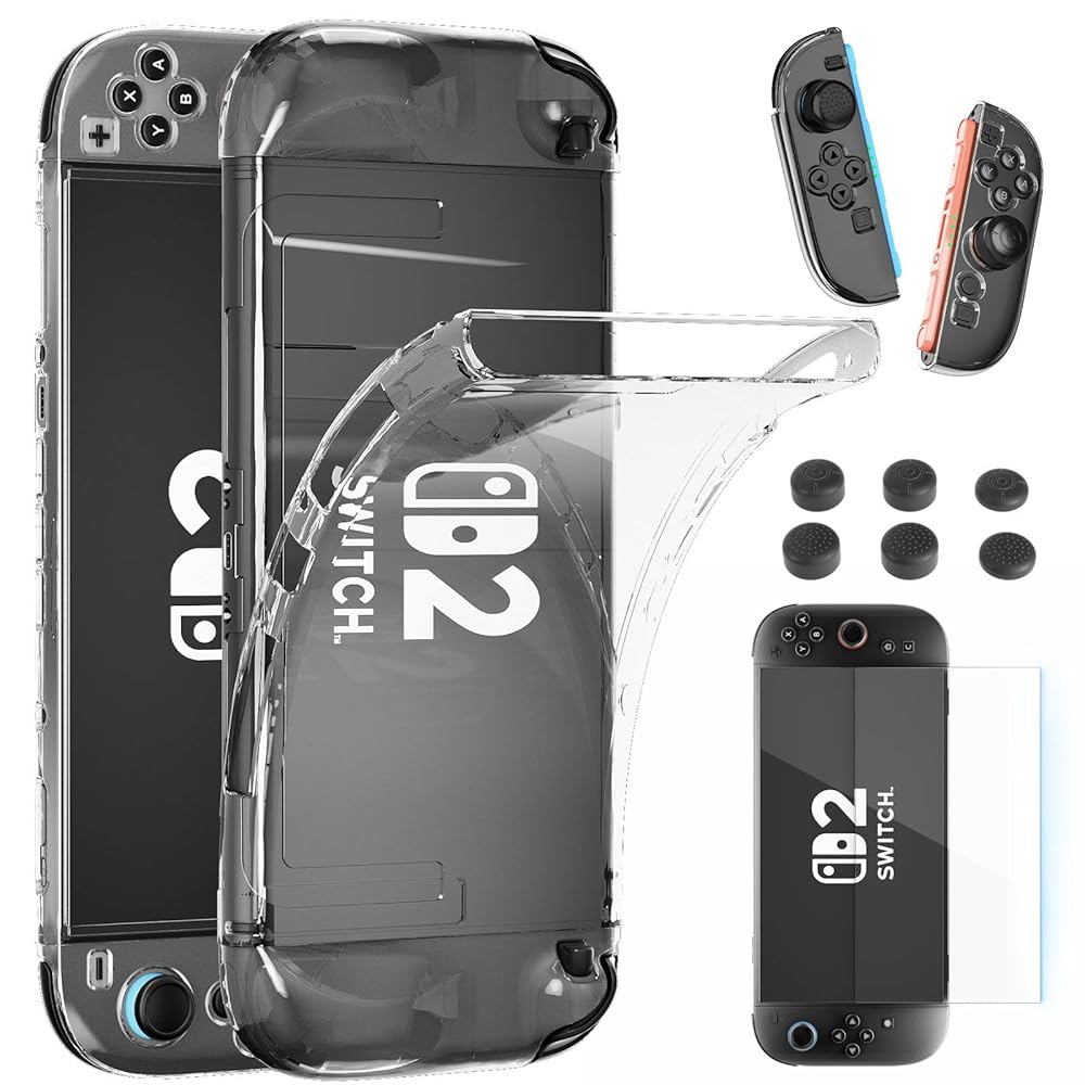 

TPU Transparent Shell Switch 2 Case,Switch 2 Cover with 4K HD Screen Protector, 6 Thumb Grips, Shock Absorption and Anti-Scratch