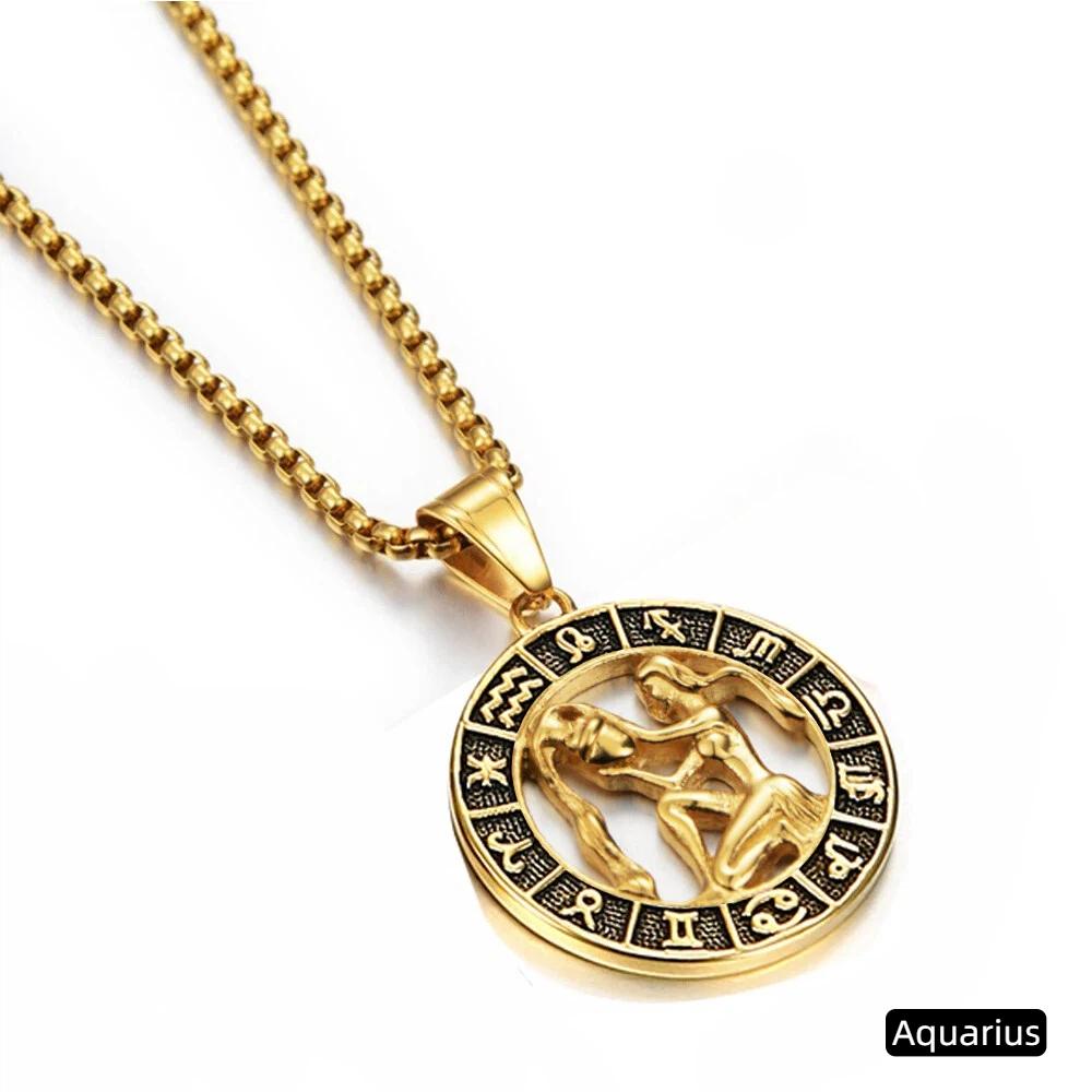 

Zodiac Signs Virgo Leo Libra Taurus Pendant Gold Color Stainless Steel 12 Constellation Round Necklace for Women Men Jewelry 50cm