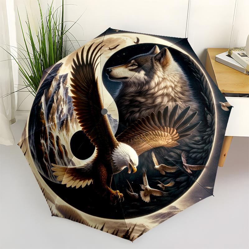 Wolf and Eagle Yin Yang Symbol Circular Art Print Poster Umbrella, Cute Umbrella with Cute Design, Portable 3-Fold Compact Umbrella for Men & Women, V