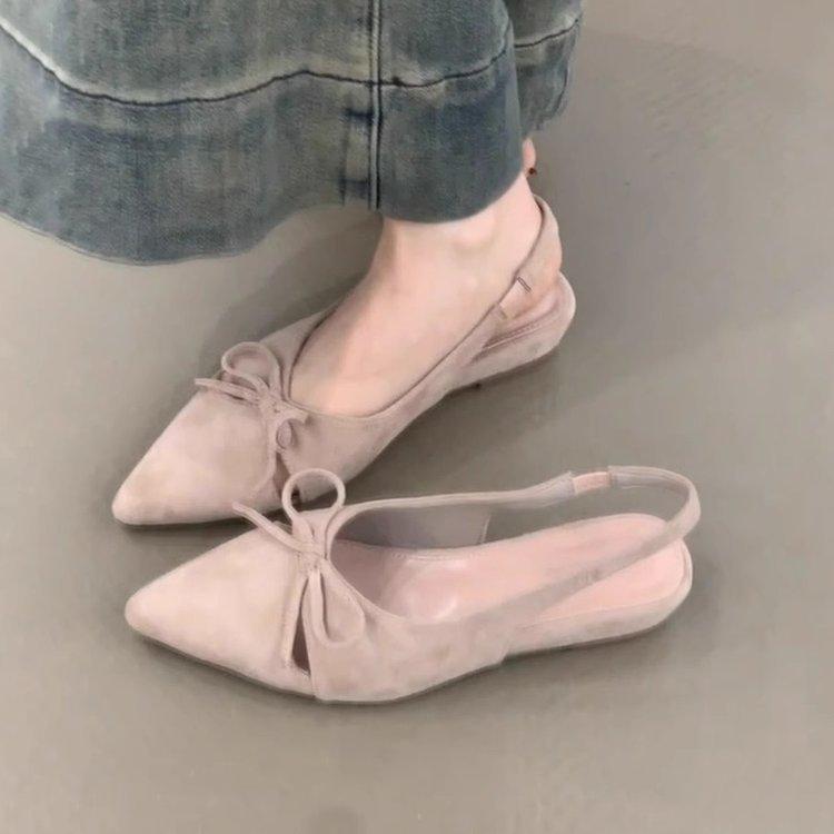 

Soft leather version~ French retro bow hollow sandals, one-pedal pointed temperament with skirt wedge heel bag head shoes 40