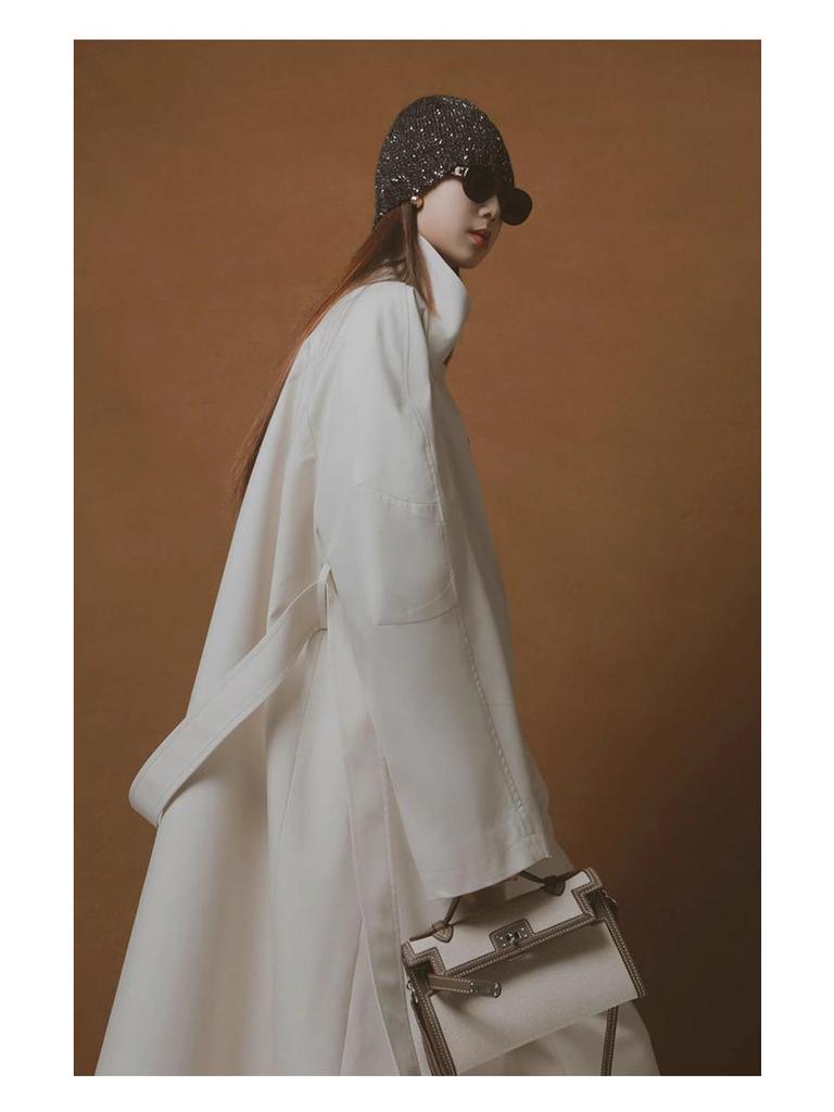 Rongtai Women's Tencel Drapey Trench Coat - Spring 2025 Collection, British Style with Tie-Waist and Stand Collar