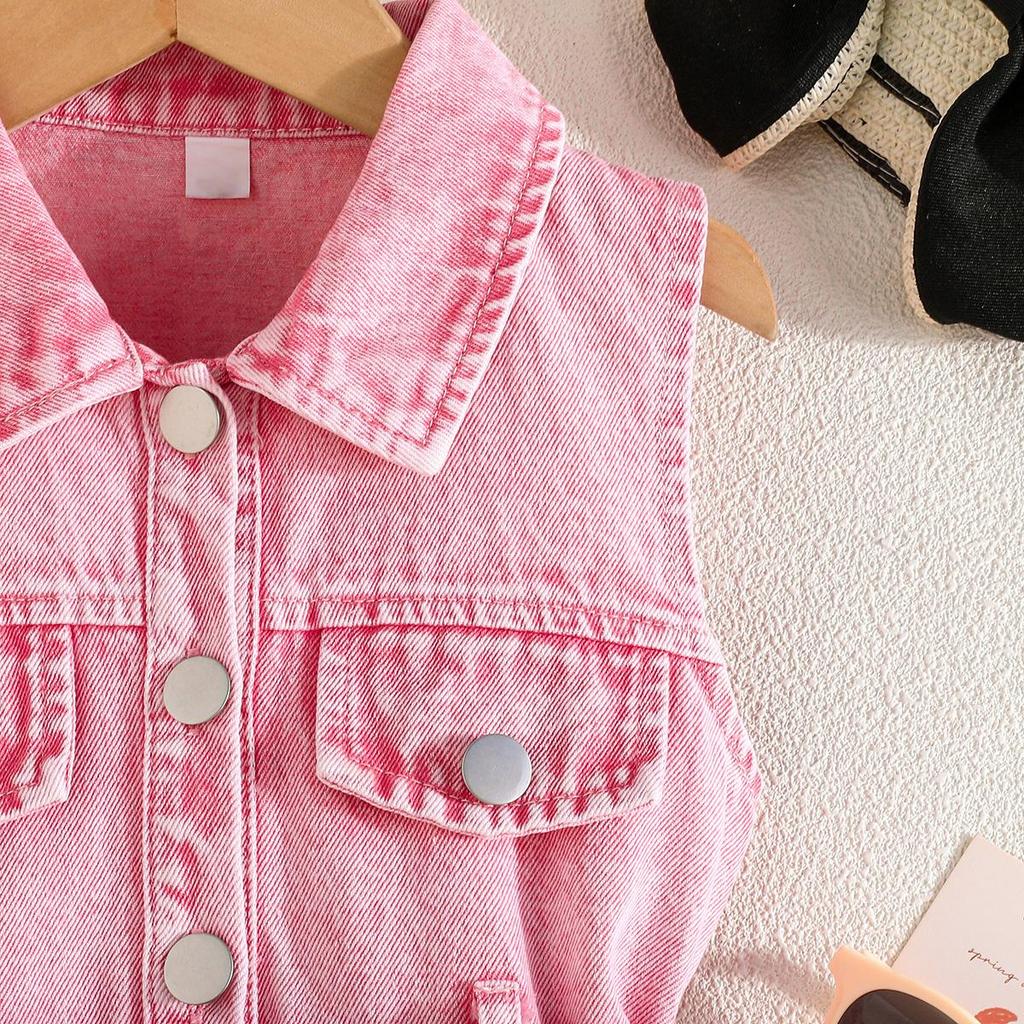 Girls Sleeveless Denim Dress with Belt, Button-Down Shirt Style Casual Summer Outfit