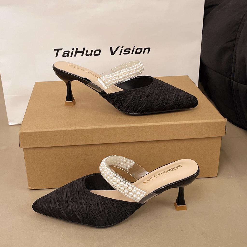 Baotou slippers women's summer wear 2025 pointed tip thin heel rhinestone soft leather comfortable high heel sandals half tray women's shoes