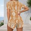 Women Plus Size Red Paisley Floral Printed V Neck Short Sleeve Button Front Fitted Romper