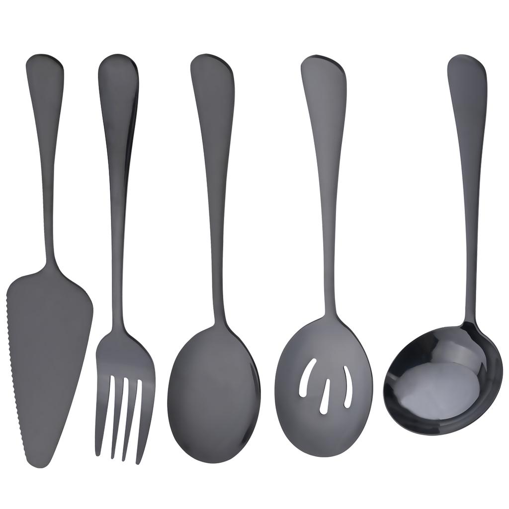 5Pcs Black Dinnerware Set Stainless Steel Cutlery Soup Spoon Colander Spoon Service Spoon Salad Fork Cake Spatula Kitchen Tableware