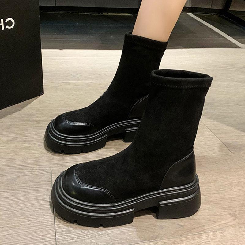 Retro Martin Stiefel Damen Britischer Stil Herbst und Winter neu kleine dicksohlige erhöhte schwarze dicke Ferse dünne kurze Stiefel