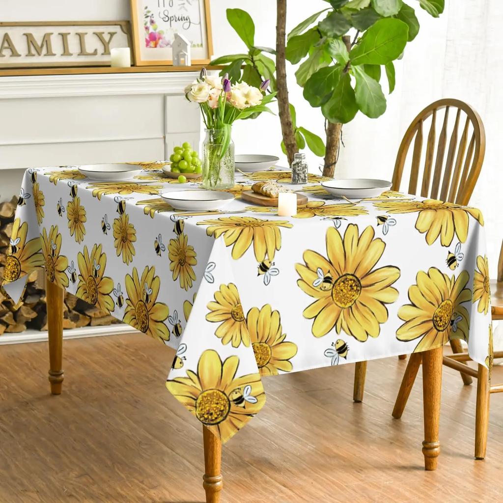1pc Rectangular Tablecloth White Yellow Sunflower Bee Print Table Cover For Dining Kitchen Party Decorative Dustproof Spillproo