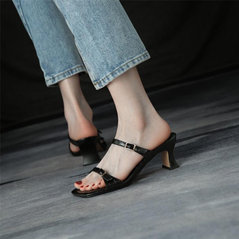 New Summer Sandals Women Concise Square Toe High Heel Fashion Shoes Women Genuine Leather Solid Slippers For Women Heels