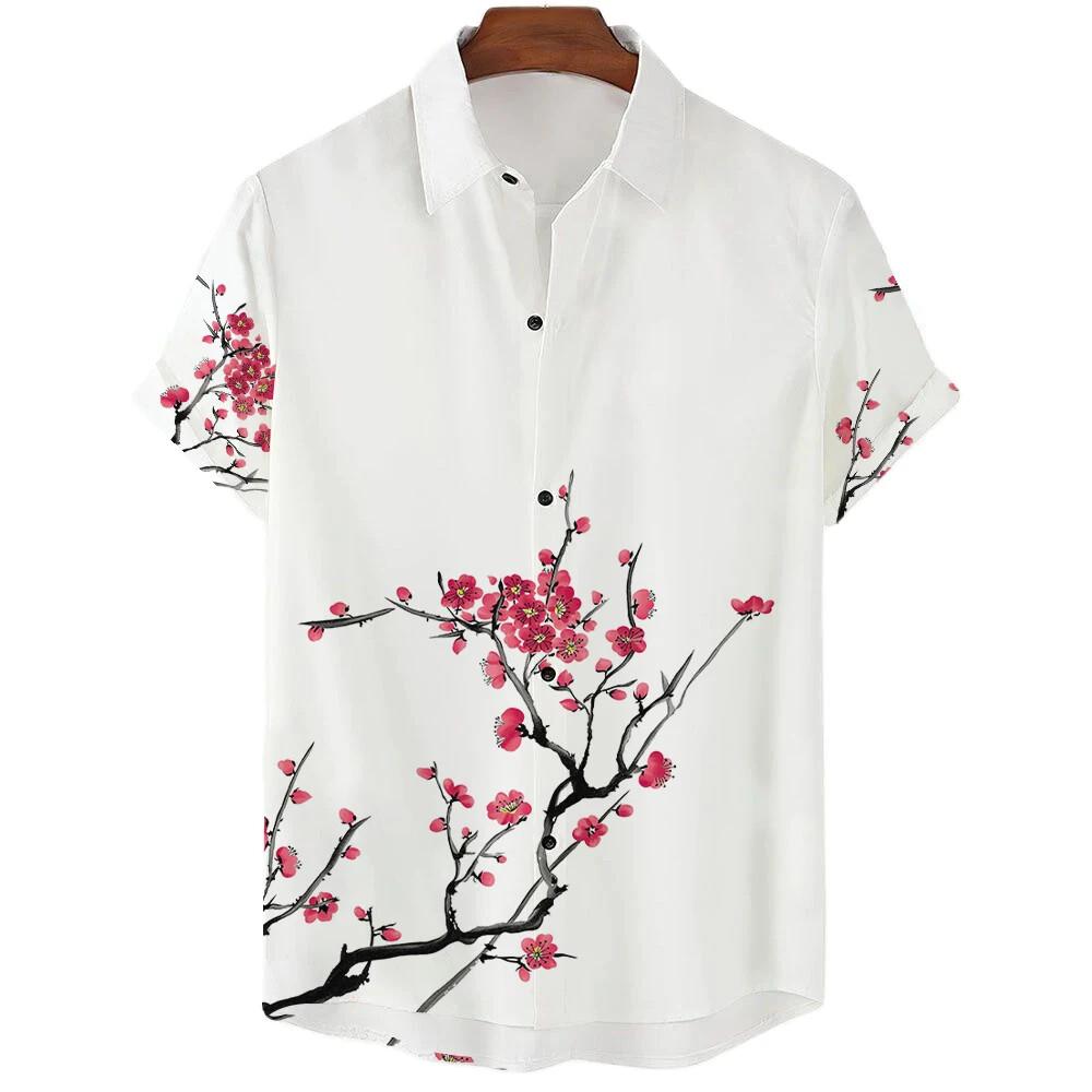 Pure White Simple Design Cherry Blossom Print Men s Casual Short Sleeve Shirt Summer Floral Casual Vacation Men s Top Oversized S