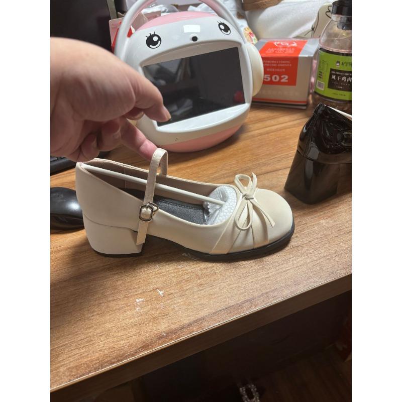 

White thick heel Mary Jane shoes women s new autumn versatile bow light mouth single shoes 35 бежевый