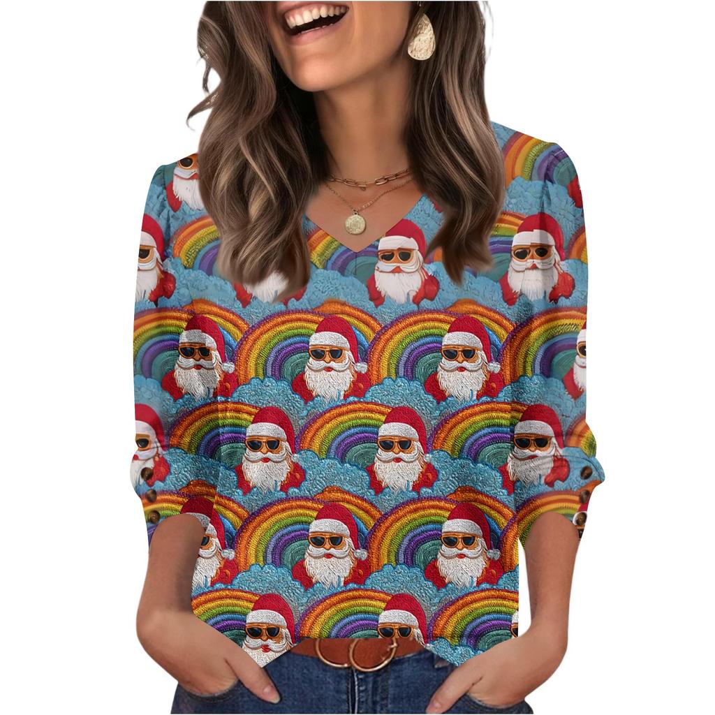 Women's Fashionable Casual Christmas Printed V-neck Top