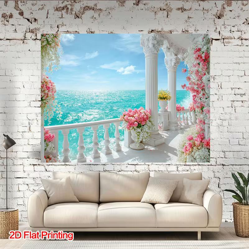 2D Beach View Floral Balcony Backdrop for Wedding Photos