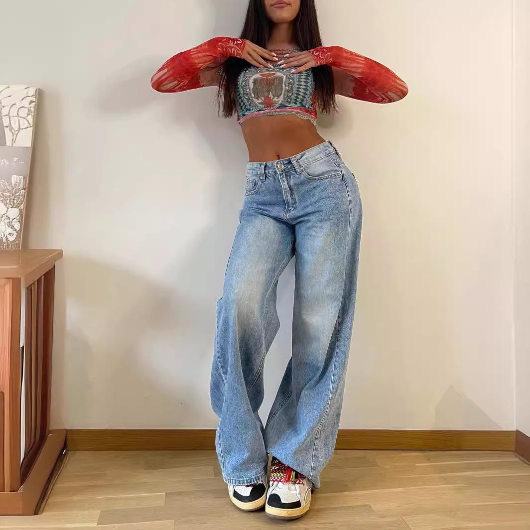 Retro American Style Women s High-Waisted Wide-Leg Jeans Double Extra Large
