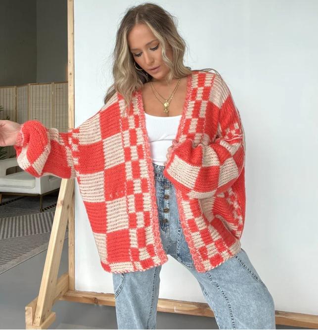 

Multi Color Loose Fit Plaid Pattern Open Front Cardigan Sweater S красный