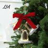 Triple Bell Pendant for Holiday Decor Christmas Ornament with Red Bow & Holly Leaves, Glossy Tiered Scene Jingle Bells Hanging Tree Wreath Door, Party