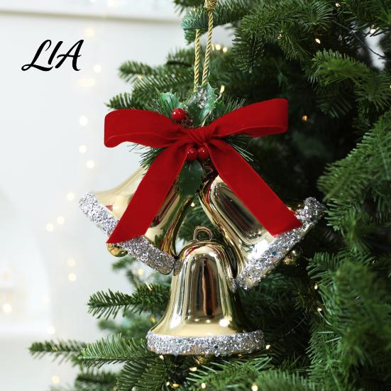 Triple Bell Pendant for Holiday Decor Christmas Ornament with Red Bow & Holly Leaves, Glossy Tiered Scene Jingle Bells Hanging Tree Wreath Door, Party