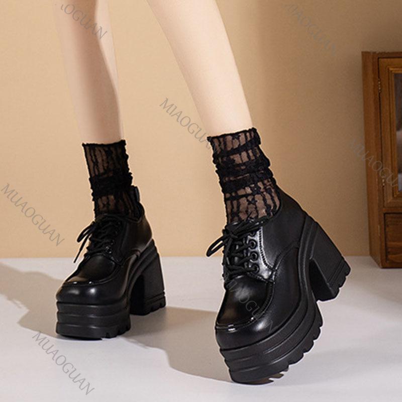 Fashion Gothic Chunky High Heels Loafers for Woman New Leather Platform Female Solid Color Heeled Lolita Shoes Lace Up Heels for Women